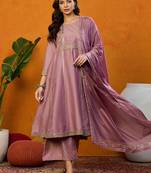 pink embroidered silk blend styles women's kurta palazzos with dupatta
