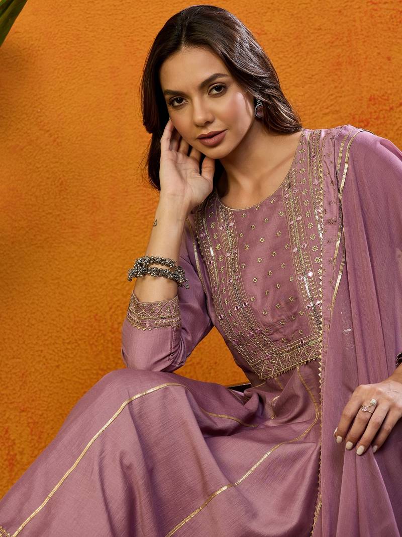 pink embroidered silk blend styles women's kurta palazzos with dupatta