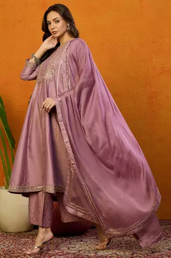 pink embroidered silk blend styles women's kurta palazzos with dupatta