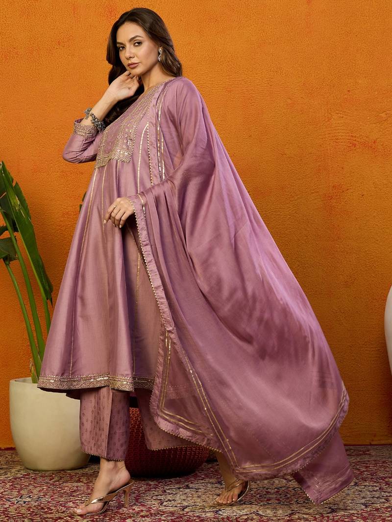 pink embroidered silk blend styles women's kurta palazzos with dupatta