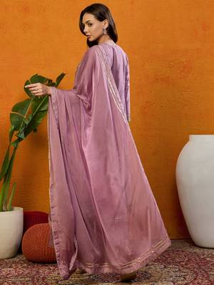 pink embroidered silk blend styles women's kurta palazzos with dupatta 4