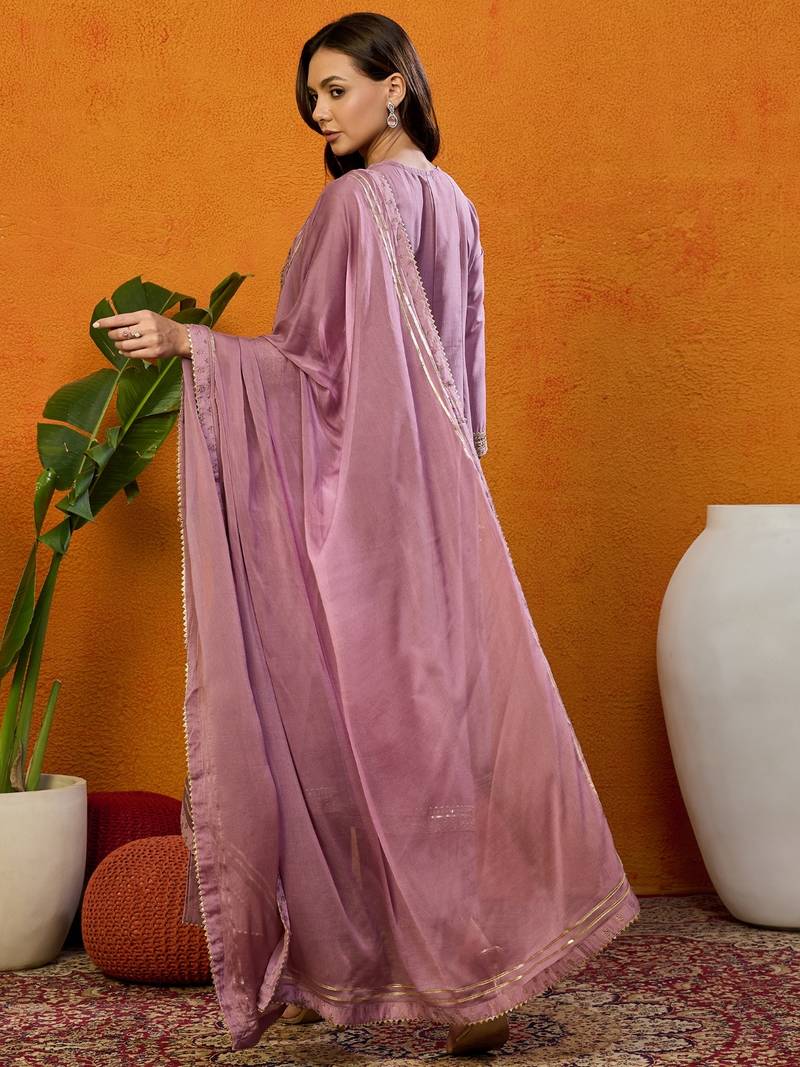 pink embroidered silk blend styles women's kurta palazzos with dupatta