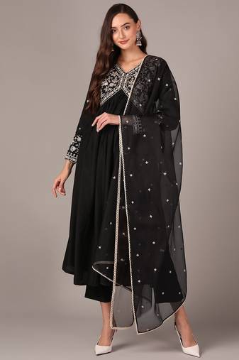 Ahika black embroidered silk blend styles women's kurta trousers with dupatta