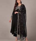 Ahika black embroidered silk blend styles women's kurta trousers with dupatta