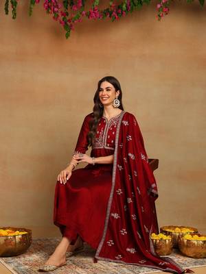 Maroon Polyester Zari Woven Anarkali Suit Set 1
