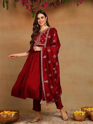Maroon Polyester Zari Woven Anarkali Suit Set 2