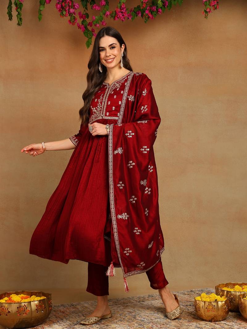 Maroon Polyester Zari Woven Anarkali Suit Set