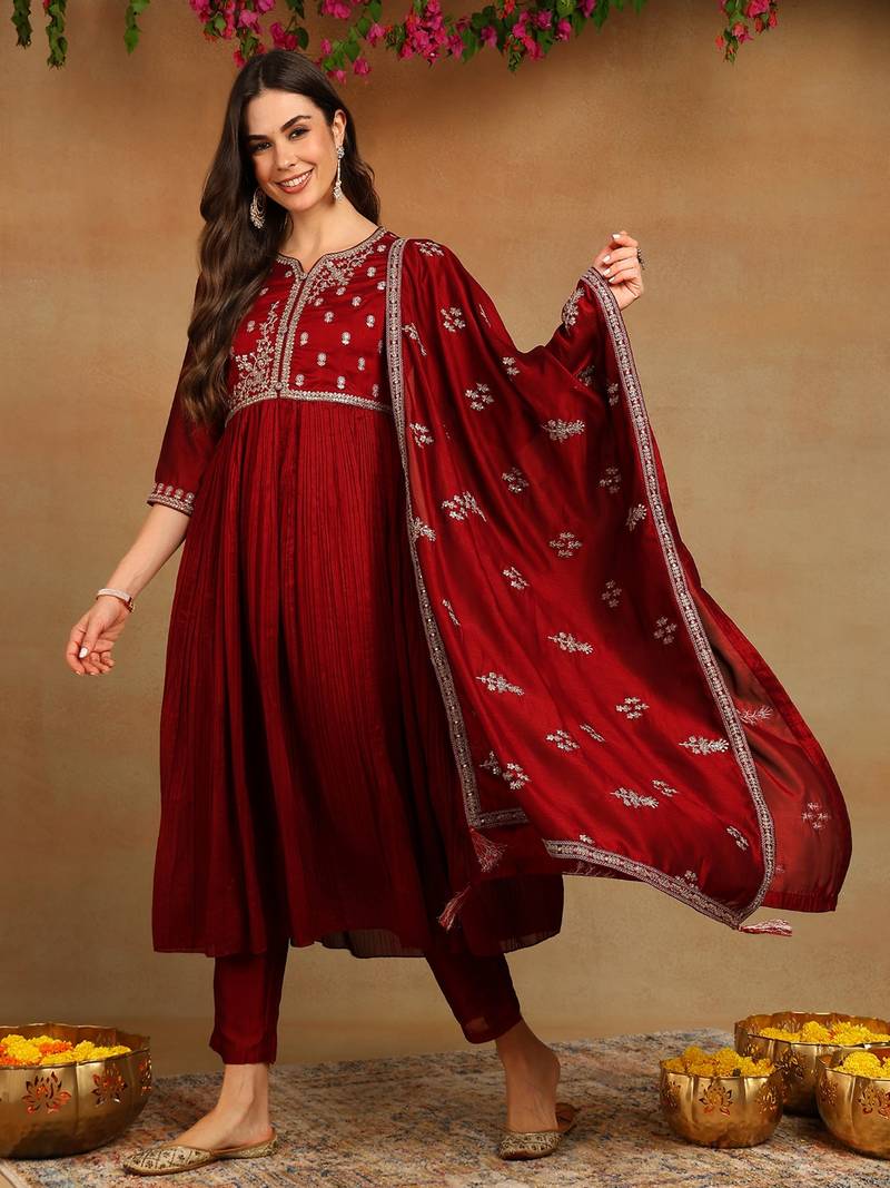 Maroon Polyester Zari Woven Anarkali Suit Set