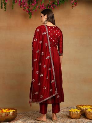 Maroon Polyester Zari Woven Anarkali Suit Set 4