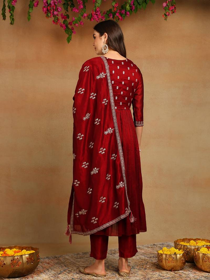 Maroon Polyester Zari Woven Anarkali Suit Set