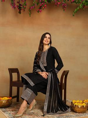 black embroidered silk blend styles women's kurta palazzos with dupatta 1