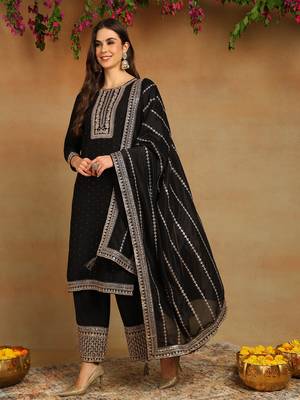 black embroidered silk blend styles women's kurta palazzos with dupatta 2