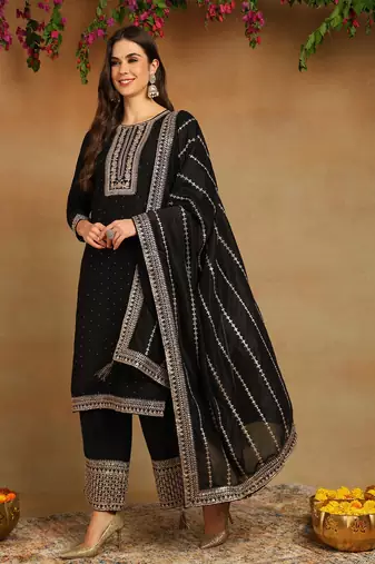 black embroidered silk blend styles women's kurta palazzos with dupatta