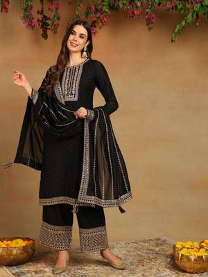 black embroidered silk blend styles women's kurta palazzos with dupatta 3