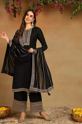 black embroidered silk blend styles women's kurta palazzos with dupatta
