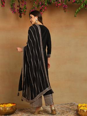 black embroidered silk blend styles women's kurta palazzos with dupatta 4