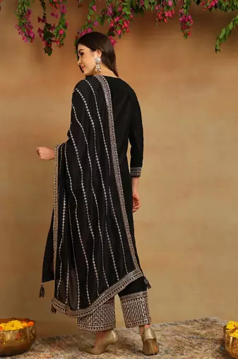 black embroidered silk blend styles women's kurta palazzos with dupatta