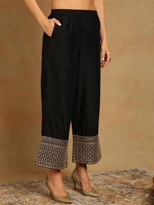 black embroidered silk blend styles women's kurta palazzos with dupatta 5