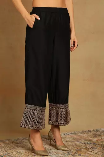 black embroidered silk blend styles women's kurta palazzos with dupatta