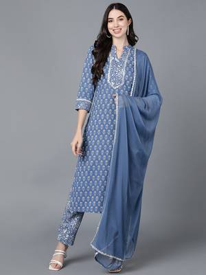 blue printed pure cotton styles women's kurta trousers with dupatta 1
