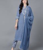 blue printed pure cotton styles women's kurta trousers with dupatta