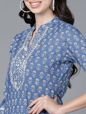 blue printed pure cotton styles women's kurta trousers with dupatta 2
