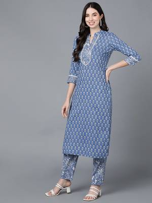blue printed pure cotton styles women's kurta trousers with dupatta 3