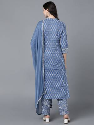 blue printed pure cotton styles women's kurta trousers with dupatta 4