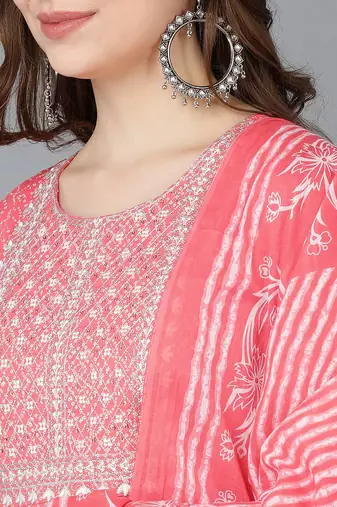 peach embroidered rayon blend styles women's kurta trousers with dupatta