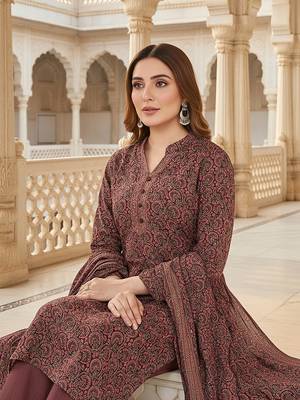 Brown Cotton Blended Stitched Women's Kurta Trousers with Dupatta 1