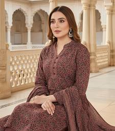 Brown Cotton Blended Stitched Women's Kurta Trousers with Dupatta