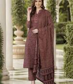 Brown Cotton Blended Stitched Women's Kurta Trousers with Dupatta