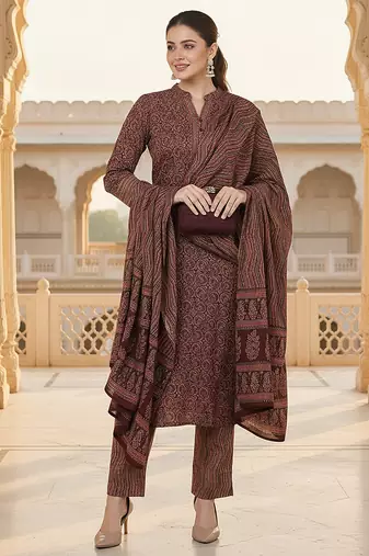 Brown Cotton Blended Stitched Women's Kurta Trousers with Dupatta