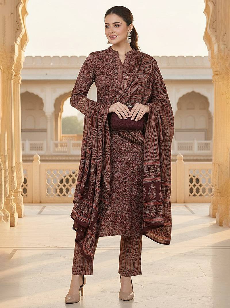 Brown Cotton Blended Stitched Women's Kurta Trousers with Dupatta
