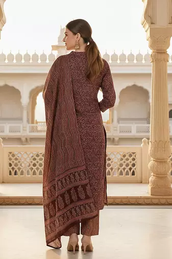 Brown Cotton Blended Stitched Women's Kurta Trousers with Dupatta