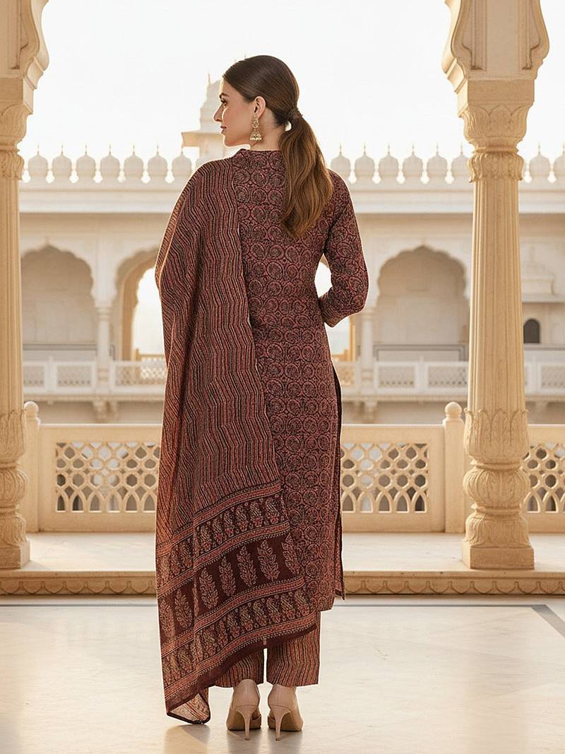 Brown Cotton Blended Stitched Women's Kurta Trousers with Dupatta