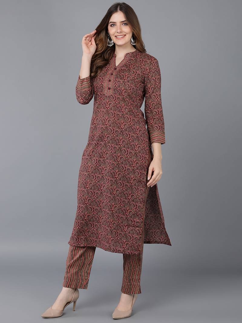 Brown Cotton Blended Stitched Women's Kurta Trousers with Dupatta