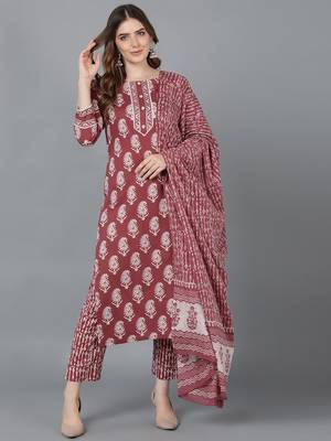 mauve printed pure cotton styles women's kurta trousers with dupatta 1
