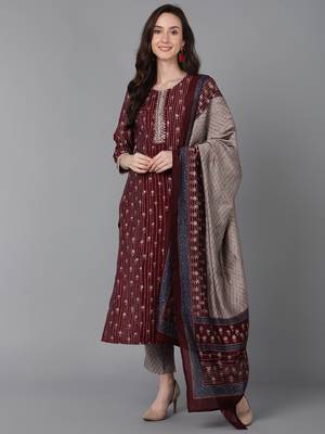 maroon printed poly silk styles women's kurta trousers with dupatta 1