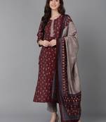 maroon printed poly silk styles women's kurta trousers with dupatta