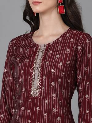 maroon printed poly silk styles women's kurta trousers with dupatta 2