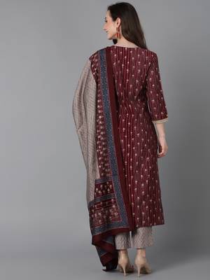 maroon printed poly silk styles women's kurta trousers with dupatta 4