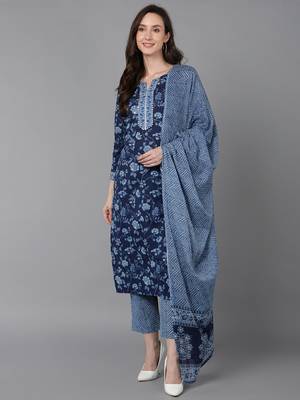 Ahika blue printed cotton blend styles women's kurta trousers with dupatta 1