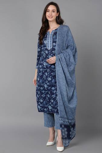 Ahika blue printed cotton blend styles women's kurta trousers with dupatta