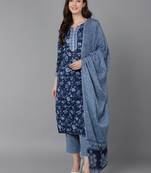 Ahika blue printed cotton blend styles women's kurta trousers with dupatta