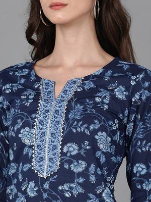 Ahika blue printed cotton blend styles women's kurta trousers with dupatta 2