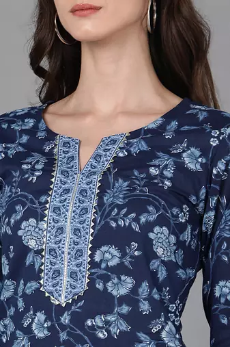 Ahika blue printed cotton blend styles women's kurta trousers with dupatta