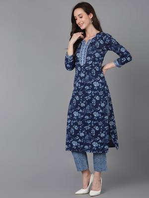 Ahika blue printed cotton blend styles women's kurta trousers with dupatta 3