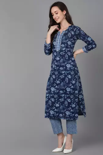 Ahika blue printed cotton blend styles women's kurta trousers with dupatta