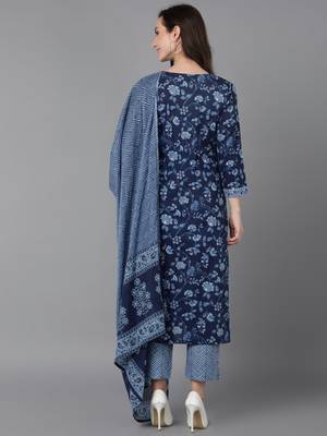 Ahika blue printed cotton blend styles women's kurta trousers with dupatta 4